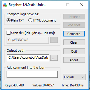 Sử dụng Regshot để so sánh sự thay đổi trên hệ thống
