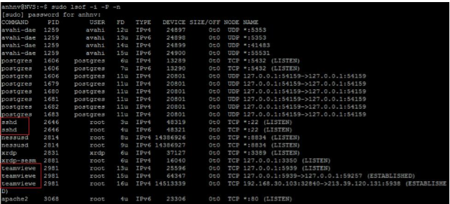 Những socket trong vùng khoanh đỏ, được mở bởi openssh và teamviewer có thể coi là những socket khả nghi liên quan đến một phiên truy cập trái phép từ xa. 